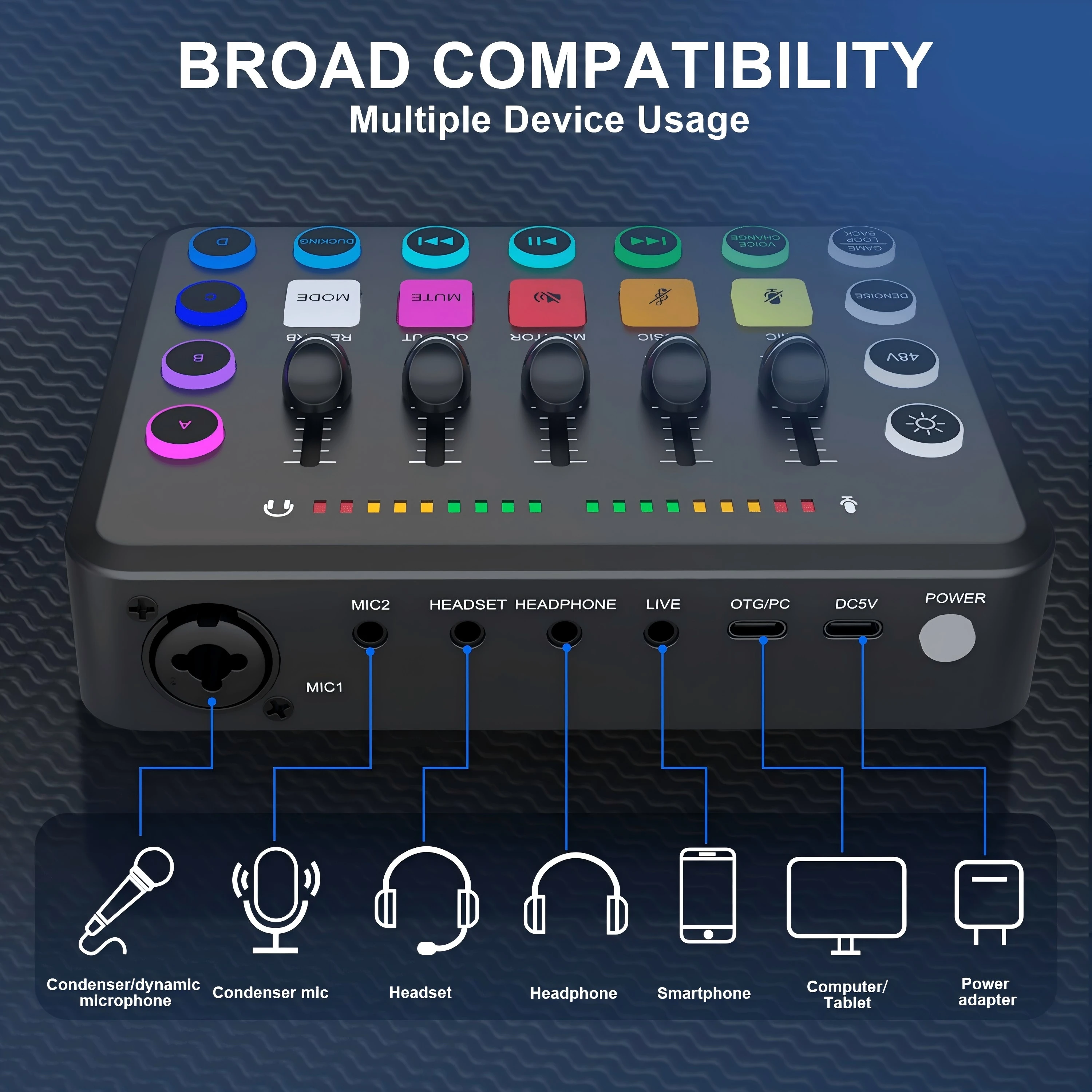 Centre commercial audio de jeu, streaming RVB, centre commercial PC avec interface microphone XLR, contrôle individuel du volume, fader, bouton muet, Phanto 48V