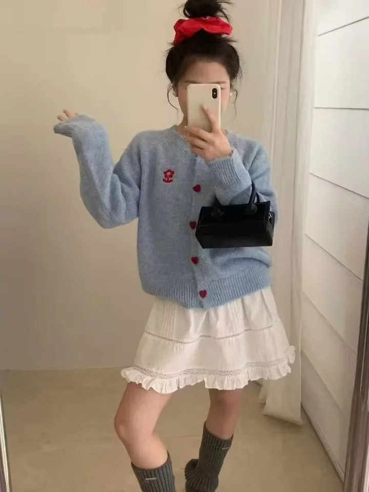 

Корейский круглый свободный вязаный кардиган с вышивкой, женский свитер, верхняя одежда, весна-осень, длинный свек на одной пуговице