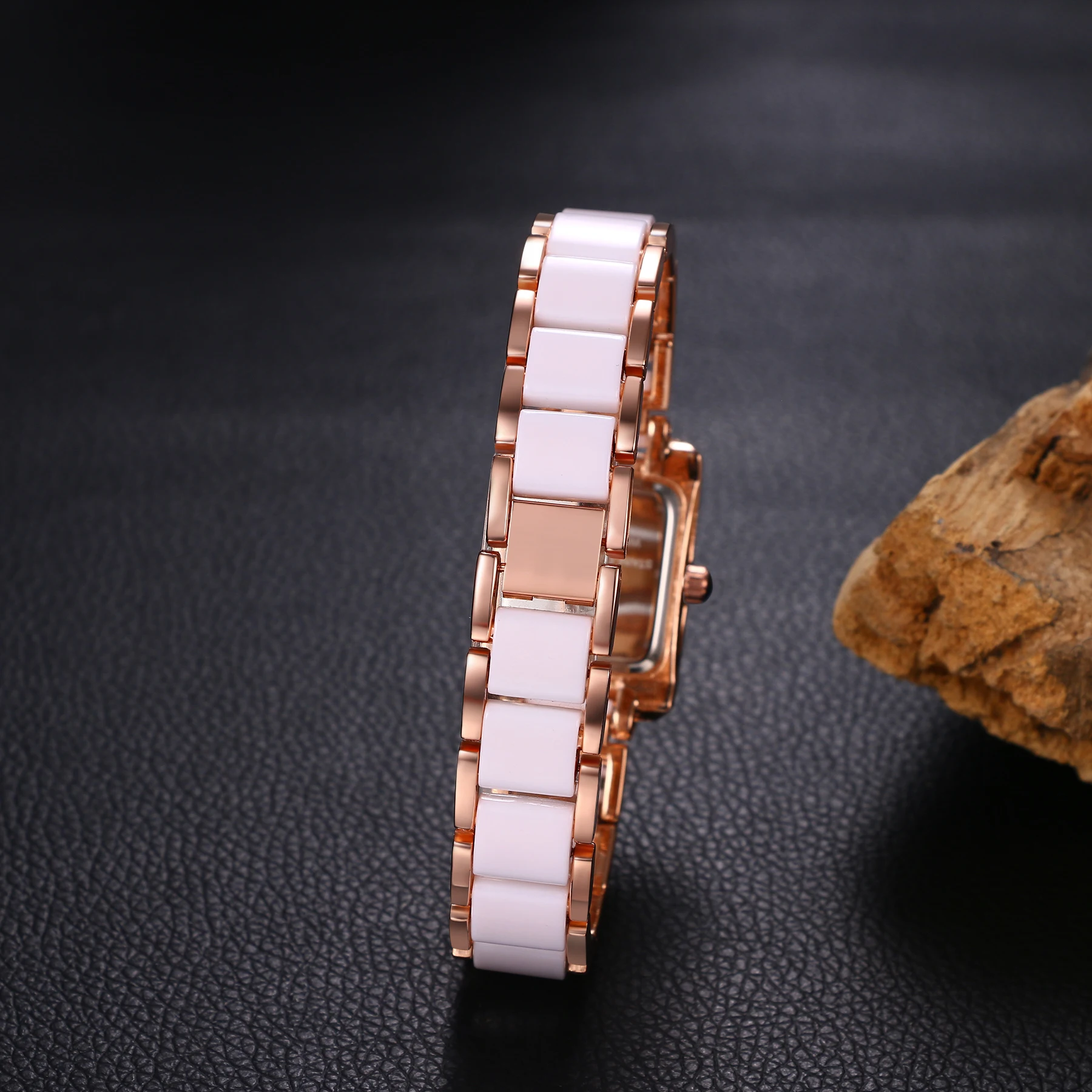 LANCARDO Imitated Ceramic Rectangular Women's Watch Waterproof Easy-to-Read Digital Quartz Splicing White Rose Gold Women Watch