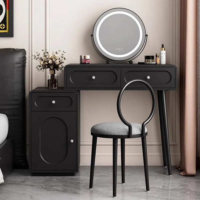 Modern Minimal Dressing Table Black Handles Wood Modern Hotel Makeup Table Led Mirror Women Mesa Maquillaje Bedroom Furniture