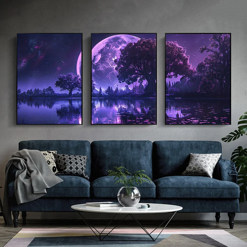 3 impressions sur toile modernes et minimalistes sans cadre - Ciel nocturne violet, reflets de forêt au clair de lune, art de la nature tranquille pour la maison