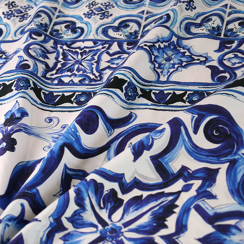 European And American Blue And White Porcelain Vace Printed Cotton Fabric For Woman Skirt Blouse Handmade DIY Cloth Sewing