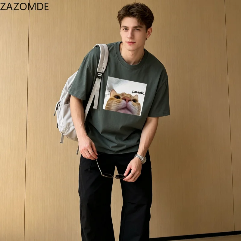 ZAZOMDE Oversized Loose Fit T Shirt Viral Cat Meme Graphic Pathetic Slogan Print Summer Casual O Neck Short Sleeve Unisex Tees