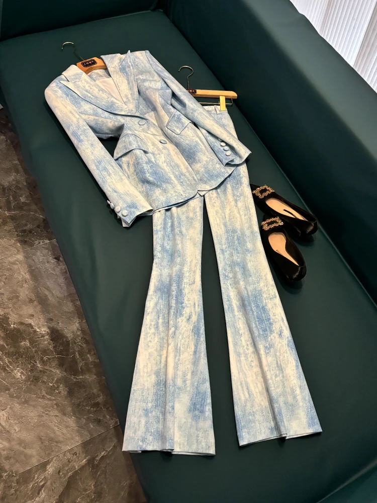 

Faionable Tie Dye Print Slim Fit Midi Length Suit Jaet And Pants Two Piece Set Autumn Winter New Arrival Women's Wear