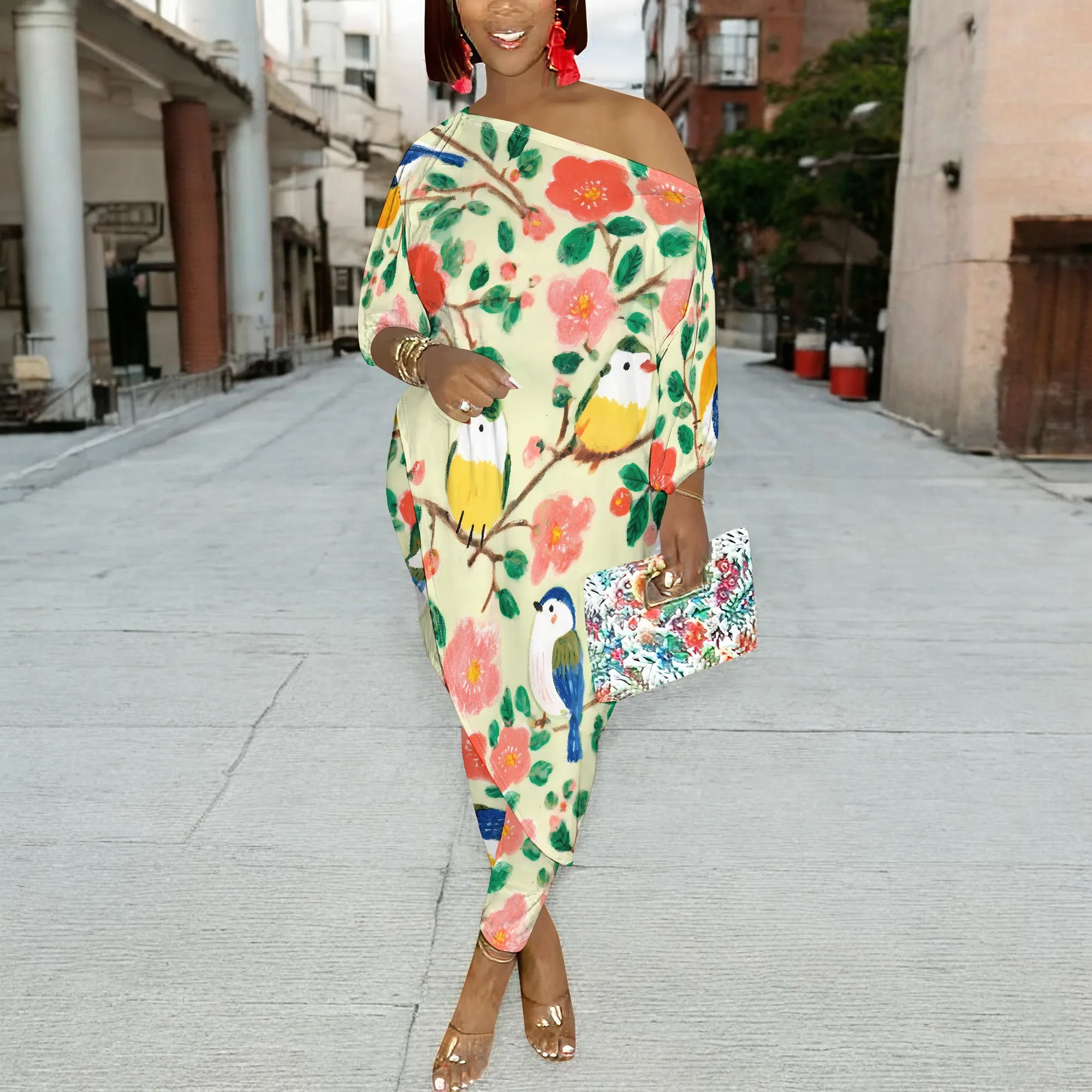 Bird Print, Off Shoulder Two Piece Set, Long Sleeve Floral Top & Pants, Casual Summer Outfit for Women, S-2XL