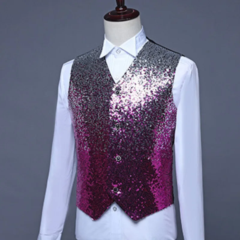 #4820 Gradient Color Sequins Vests Men Shinny Vests Male Dance Stage Singer Vests For Men Slim Men\'s Vest Sleeveless Vest Male