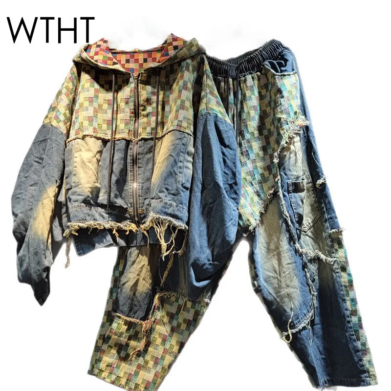 

WTHT новая модная женская джинсовая куртка в клетку с капюшоном контрастного цвета, осень 2021, модные свободные джинсы с высокой талией, женские 1LS2490