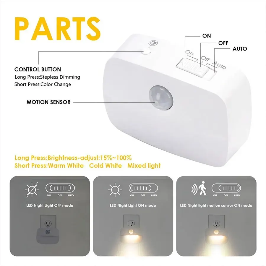 US EU Plug in LED Night Light Motion Sensor Lamp Nightlights Kitchen Bedroom Hallway Stairs WC Night Lamp 3 Colors Temperature