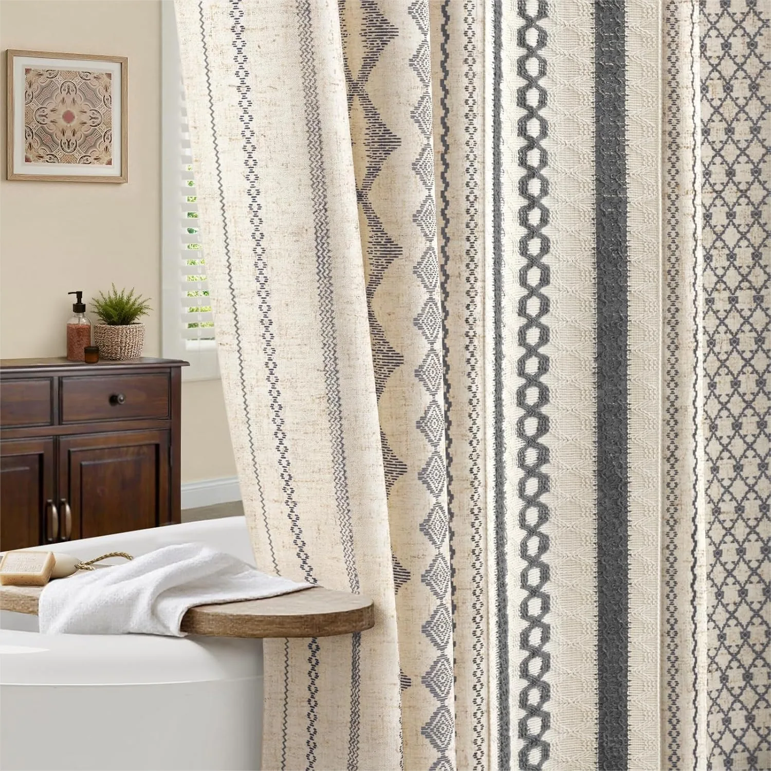

Grey Boho Shower Curtain for Bathroom, Beige Linen with Striped Print, 72x72 Inches, Farmhouse Style