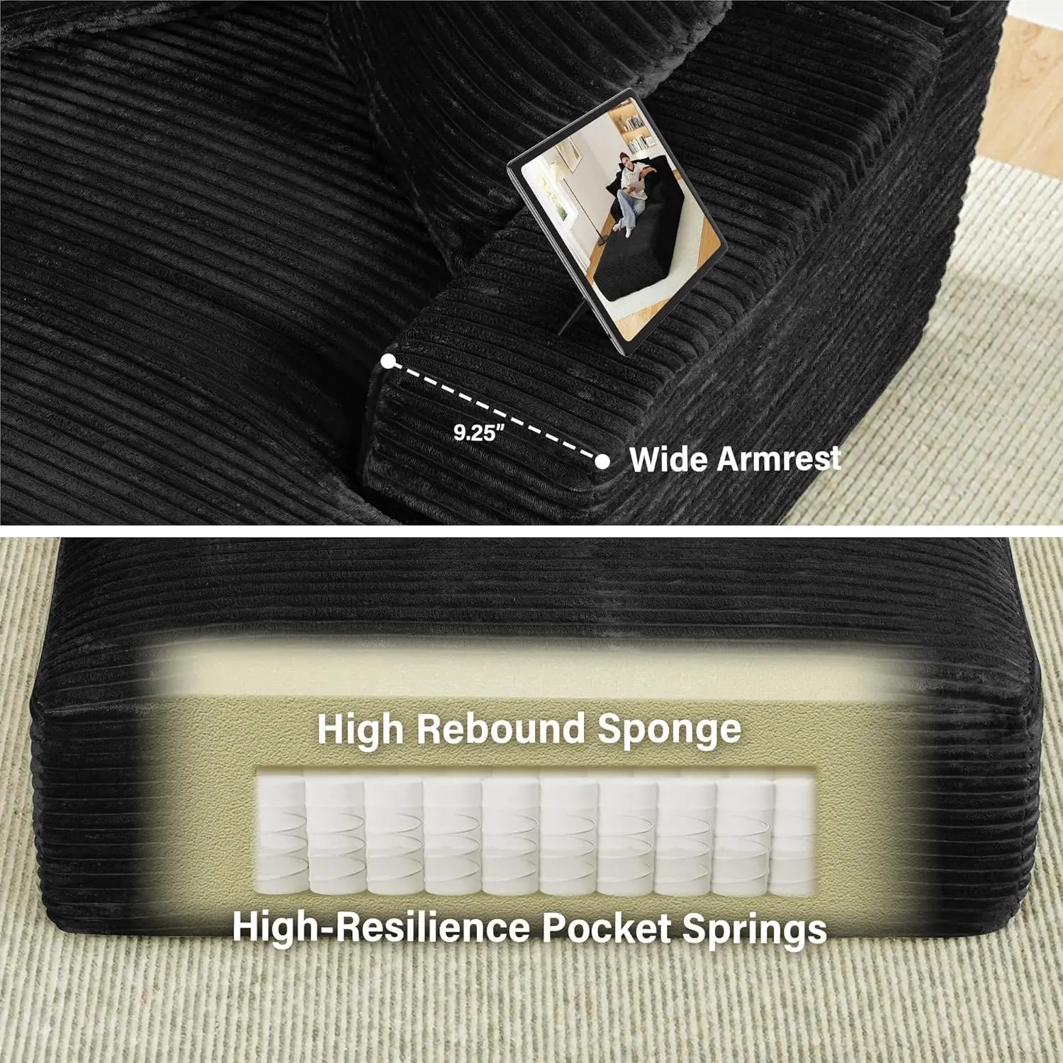 Espreguiçadeira interna, 50 "L x 76" D Espreguiçadeira de veludo de pelúcia sem desossado com encosto engrossado e assento alto profundo confortável