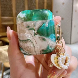 For apple AirPods 4 2 3 Pro Case Luxury Green Emerald Marble Glossy Earphone Case For AirPods 4 Cover Cute Heart Pearl keychain