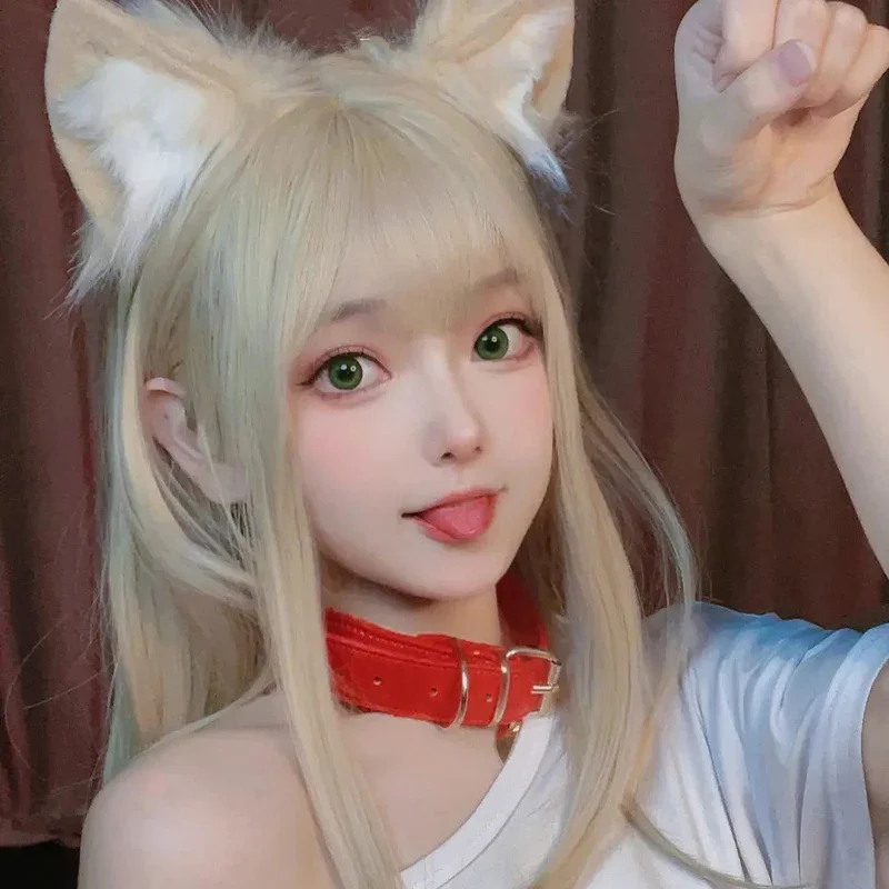 40Hara kinako Cat Girl pet kitty Osakana cosplay costume cat ear wig collar long yellow heat resistant synthetic hair wigs cap