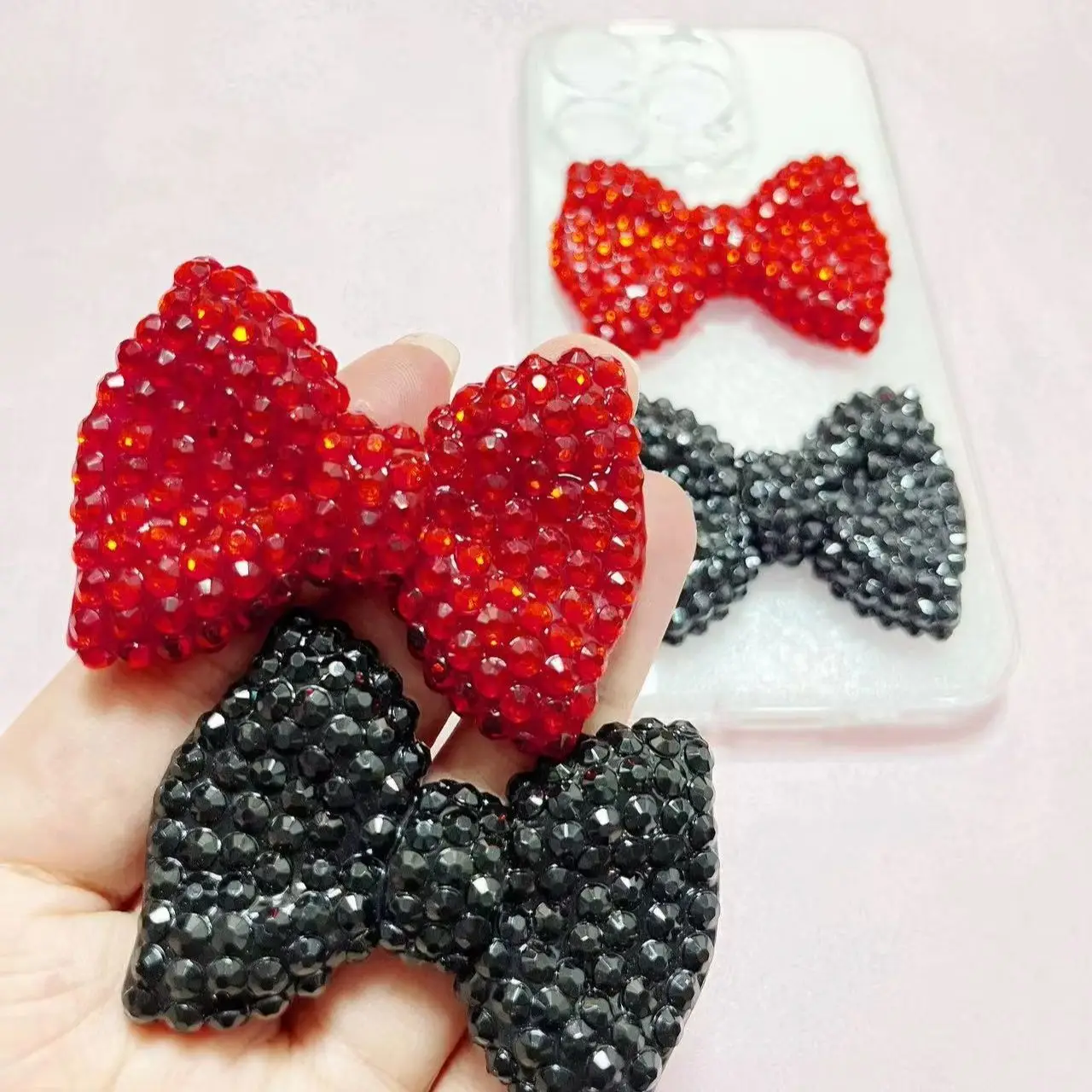 

1Pcs Y2K Kawaii Bling Pink Bow Tie Junk Phone Case Laptop Decoration Charm Accessories Miniature Designer Logo Leather Bag Craft