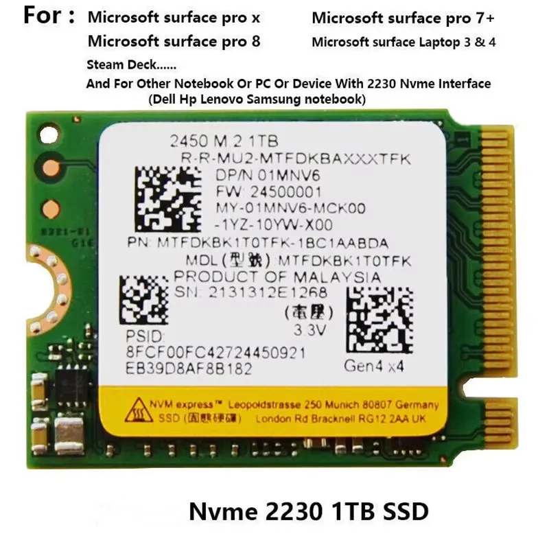 Original 2450 2230 1TB 512GB 256GB 2230 NVME PCIe Gen4 x 4 SSD Up to 3320MB/S For Micron Microsoft Surface Pro X Pro 8 and Pro 7