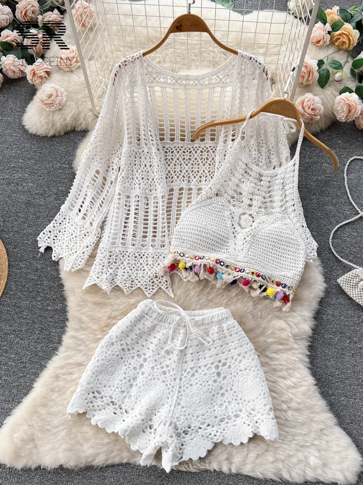 Beach Style Three Piece Sets Women Hollow Out Cardigan Halter Camisole Wide Leg Shorts Vacation Knitted Suits