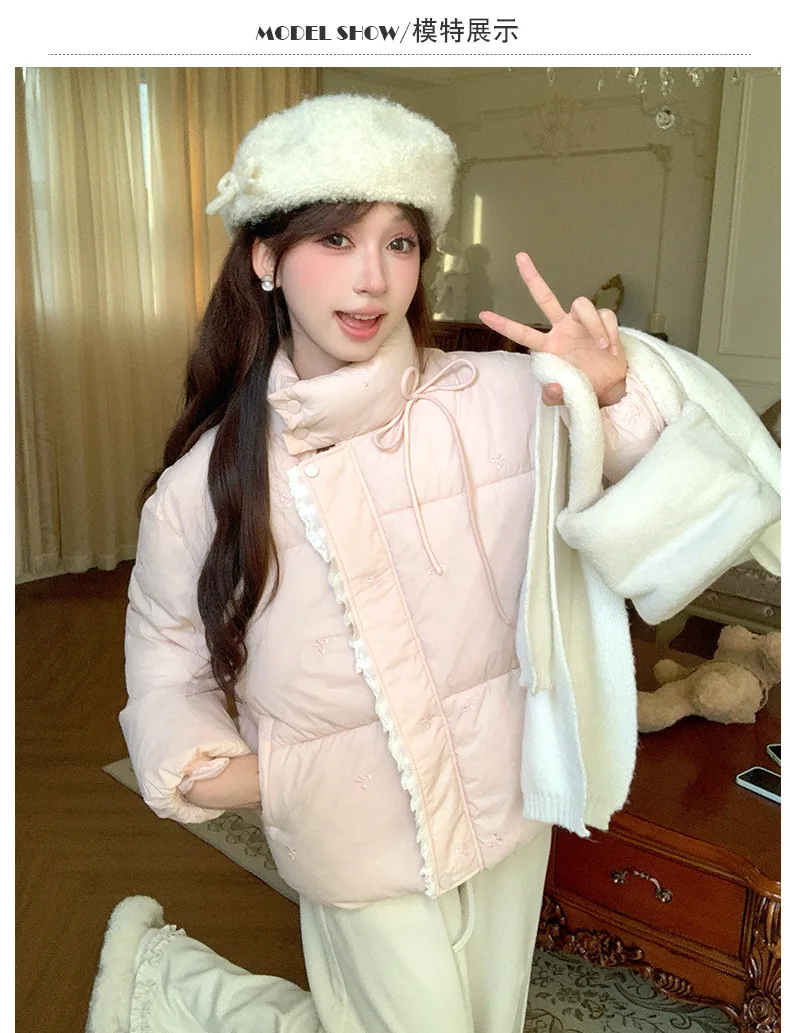 Sweet Pink Bow Stand Collar Puffer Jacket Women Korean Lace Spliced Thick Outerwear Students Winter Warm Cropped Cotton Jackets