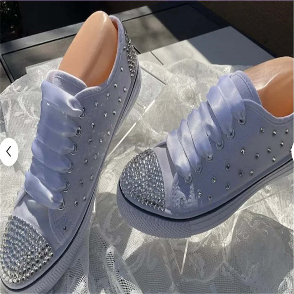 Custom silver rhinestone lace low top Everything sports leisure walking canvas shoes large size 35-46