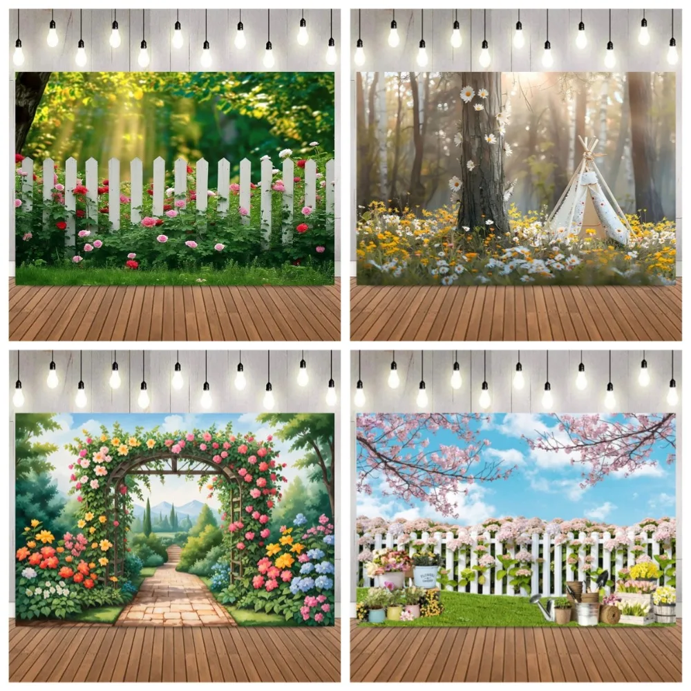 

Dreamy Spring Landscape Banner Shooting Backdrop, Cherry Blossom Fence Flower Children Portrait Decoration Photography Backdrop