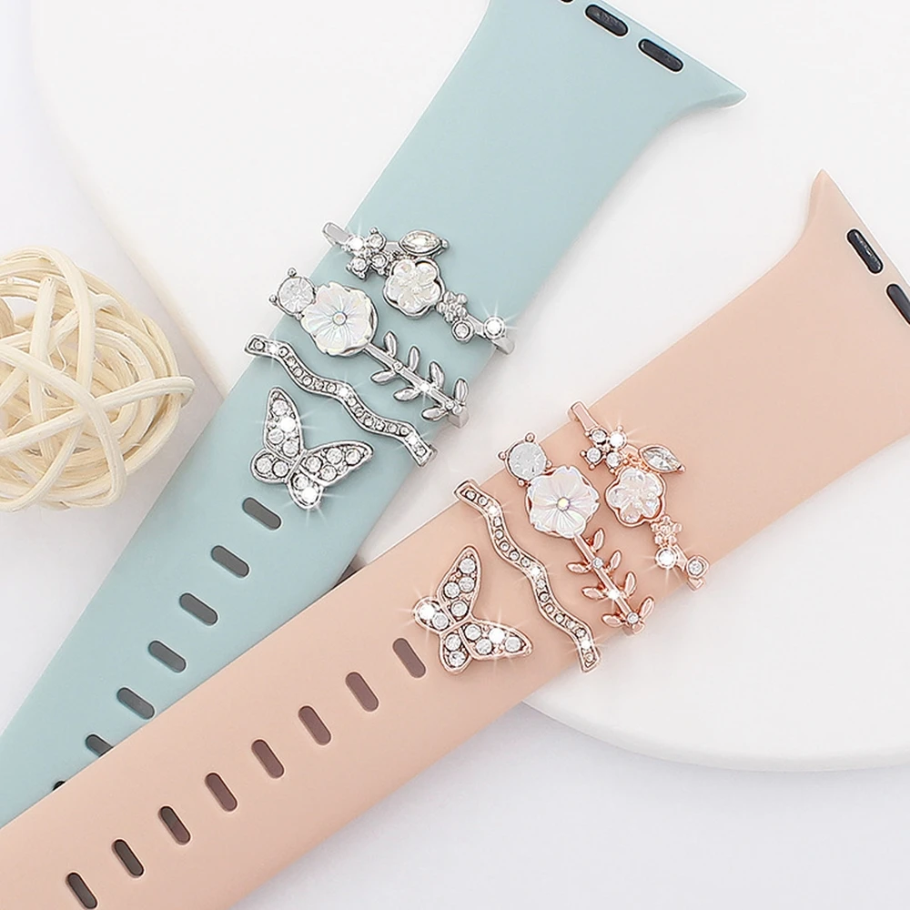 4pcs Butterfly Flower Watchband Ring Loops Nails Studs, Cute Rhinestone Watch Strap Charms Decorations For Iwatch Watchband