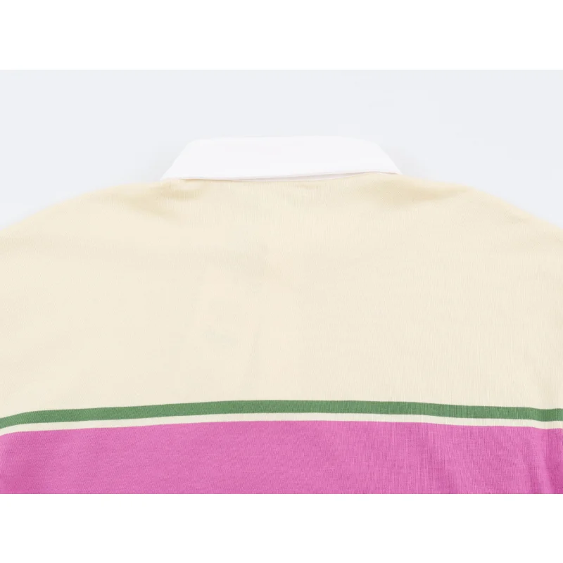 Damen Colorblock Gestreiftes Poloshirt Weiß Kontrastkragen Halbe Knopfleiste Langarm Locker Sitzend Lässiger Pullover T-Shirt Oberteil – Detail 12