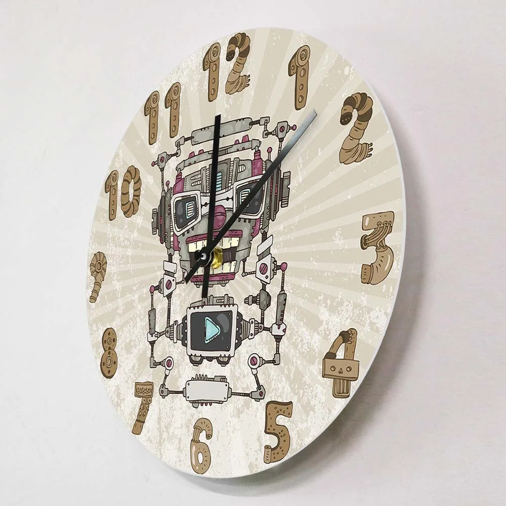 Steampunk Robot Wall Clock Acrylic Silent Funny Tech Decor for Boy Bedroom Office Gift for Geeks Nerd Sci-Fi Creative Clock