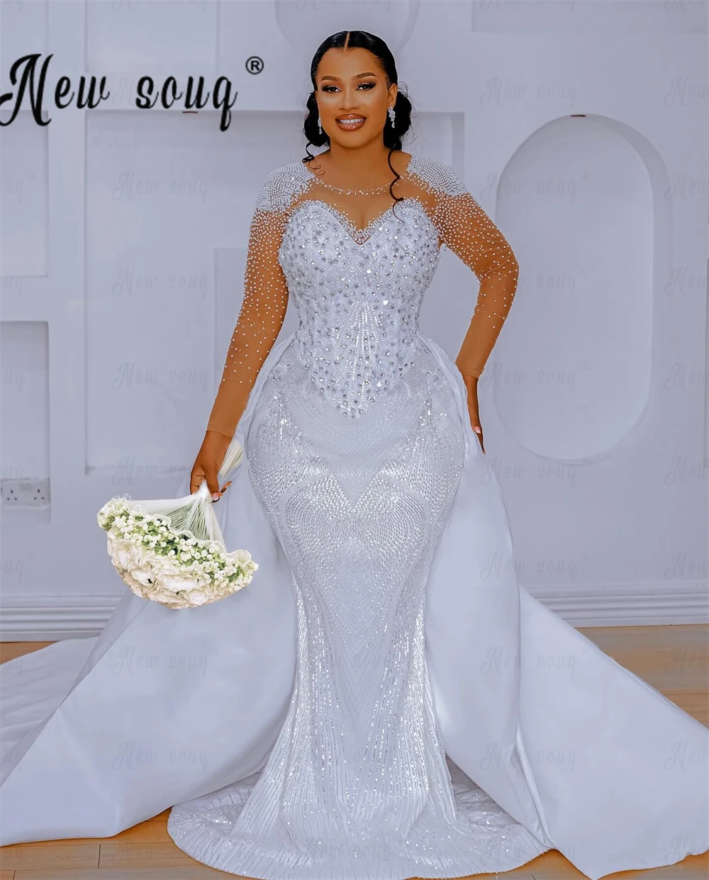 

Nigeria Rhinestone Mermaid Wedding Dresses for Bride Sheer Neck Long Sleeve Aso Ebi Arabic Wedding Reception Gowns Bridal Gowns