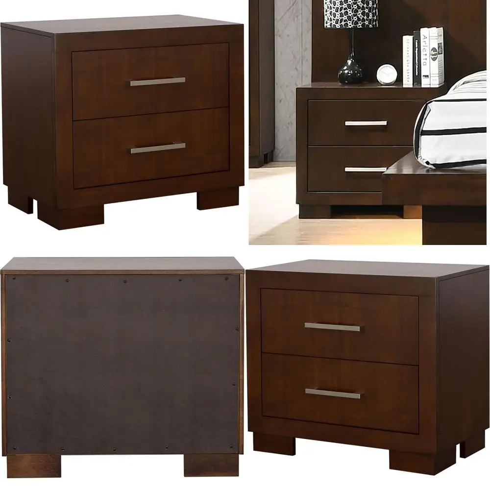 Coaster Home Furnishings Mesita de noche Jessica de madera con 2 cajones y cajón superior con forro de fieltro, frentes planas y tiradores plateados