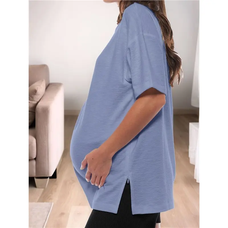 ABJA-Womens Maternity Loose Fit Side Split Short Sleeve T‑Shirt Blue XL