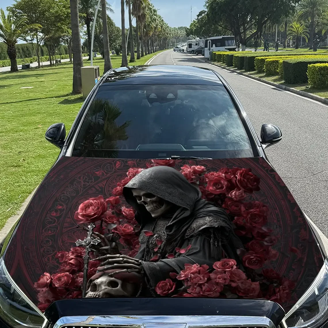 Dark Reaper and Red Roses Intertwined Car Vinyl Wrap, PVC Material Waterproof Car Hood Sticker, Self-Adhesive Scratch-Resistant