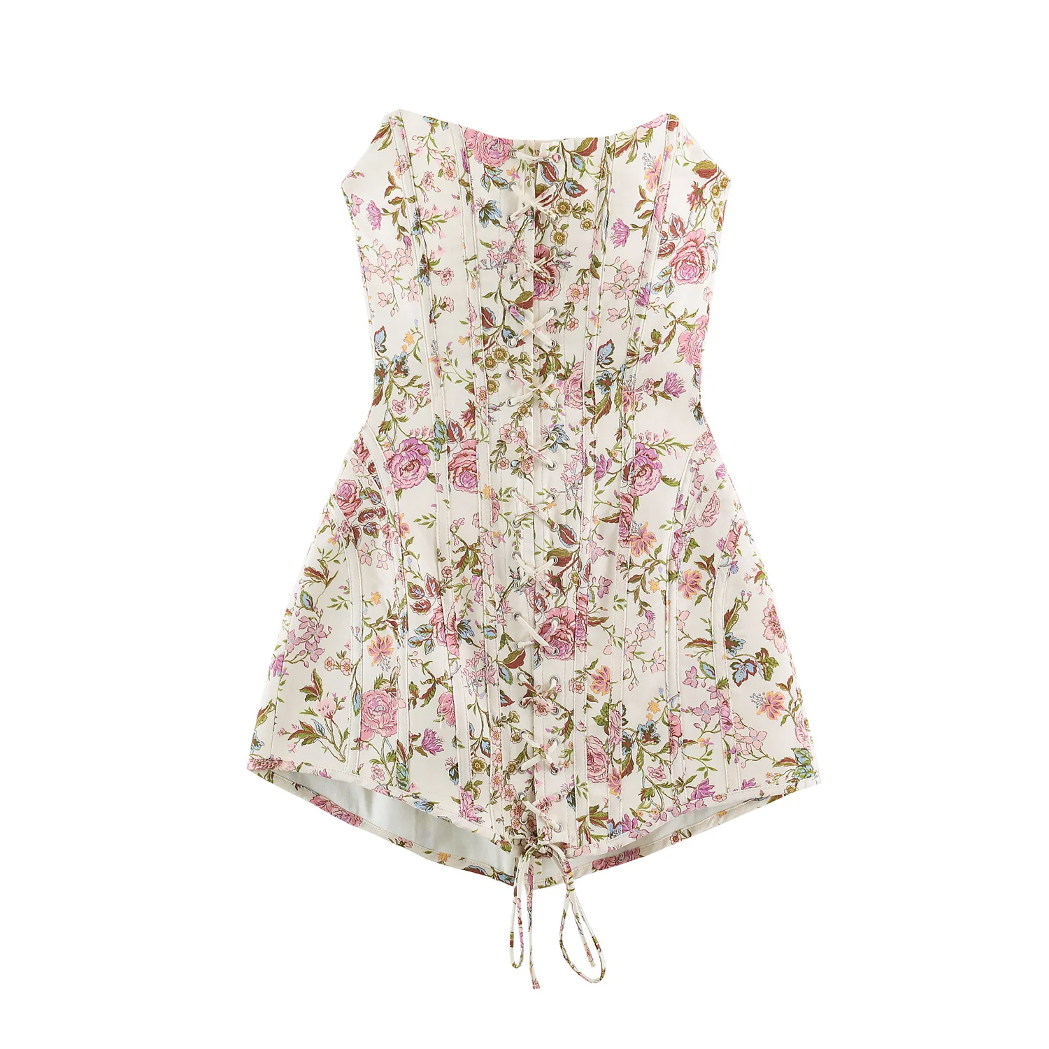 Neues sexy Mini-Kleid für Damen, geblümt bedruckt, schulterfrei, mit hoher Taille, Schnürung, elegantes, schlankmachendes, trägerloses Party- und Abendkleid. – Detail 2