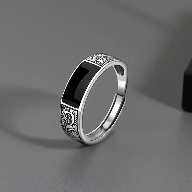 Trendy Vintage Silver Ring for Men Jewelry Black Rectangle Retro Dragon Pattern Ring Male Rings Adjustable 남자 반지 남자친구 선물