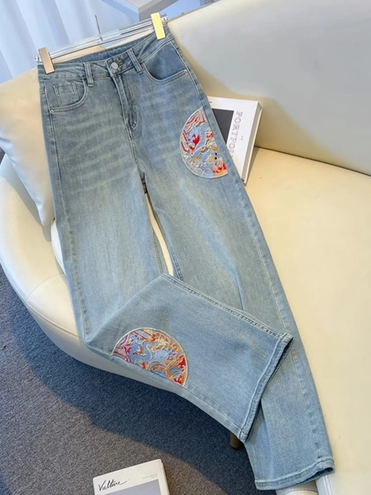 

Ele High Waist Wide Leg Embroidered Denim Jeans Women's Spring Summer New Straight Cut Floor Length Trousers