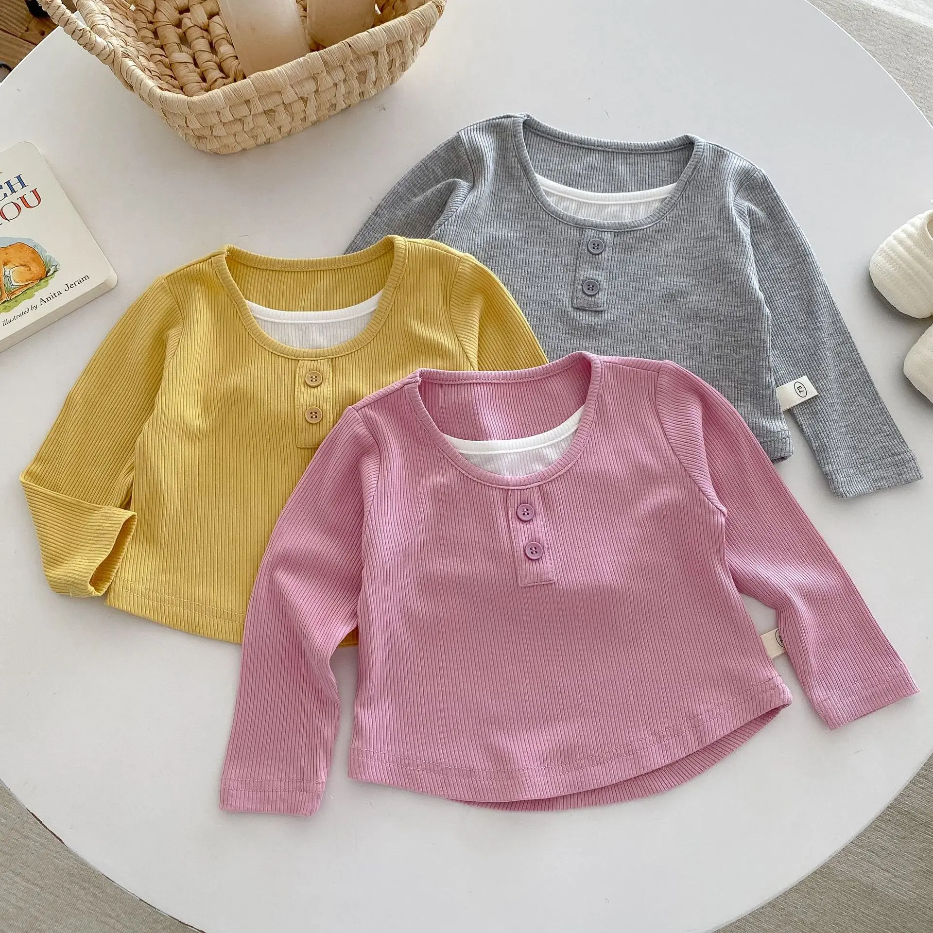 

Long Sleeve Kids Girl T Shirts 2024 Autumn Children's Patchwork Bottoming Tops Solid Simple All-match Baby Girls T-shirts