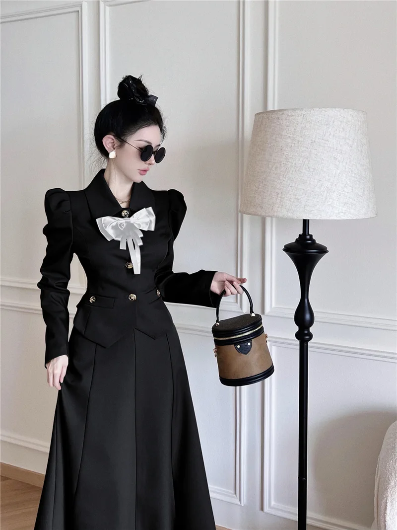 2 Piece Sets Womens Outfits Bow Woolen Coat A Line Swing Black Skirts Long Puff Sleeve Shirts Korean Clothes 2024 Fall