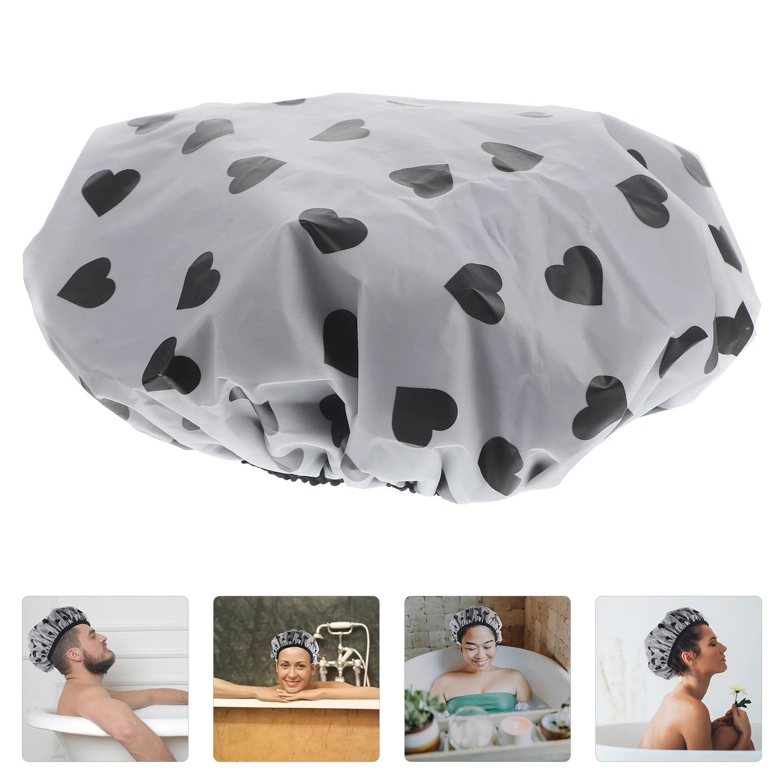 

1pcs Waterproof Shower Cap Large Satin Lined Reusable Hair Cap For Long Thick Curly Hair Heart Printed Bathing Essential Shower