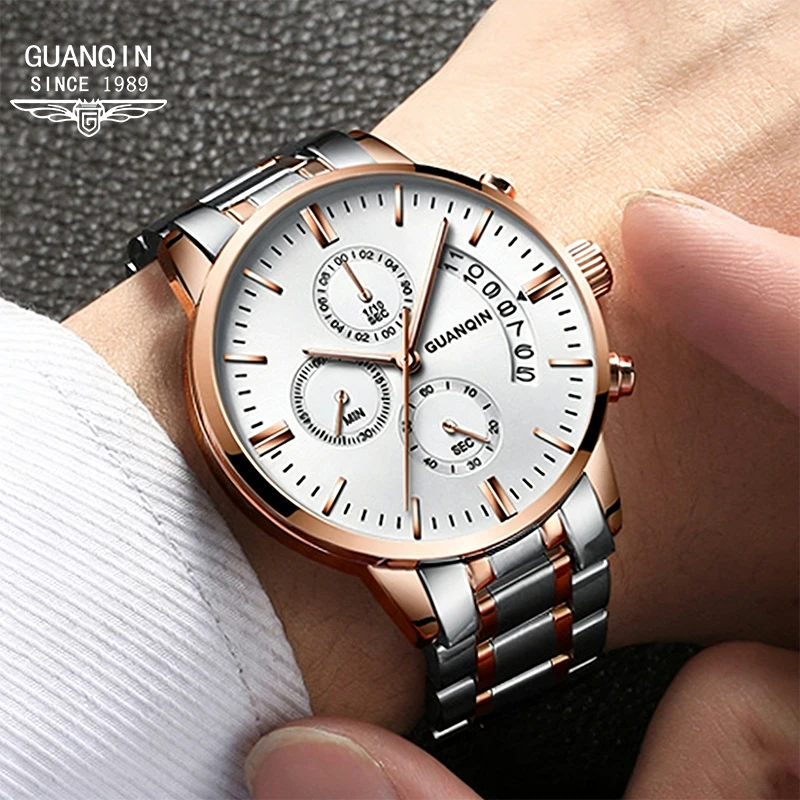 guanqin-プレミアムメンズ腕時計高級ビジネスクロノグラフスチールストラップスポーツクォーツ腕時計ドレス腕時計男性へのギフト