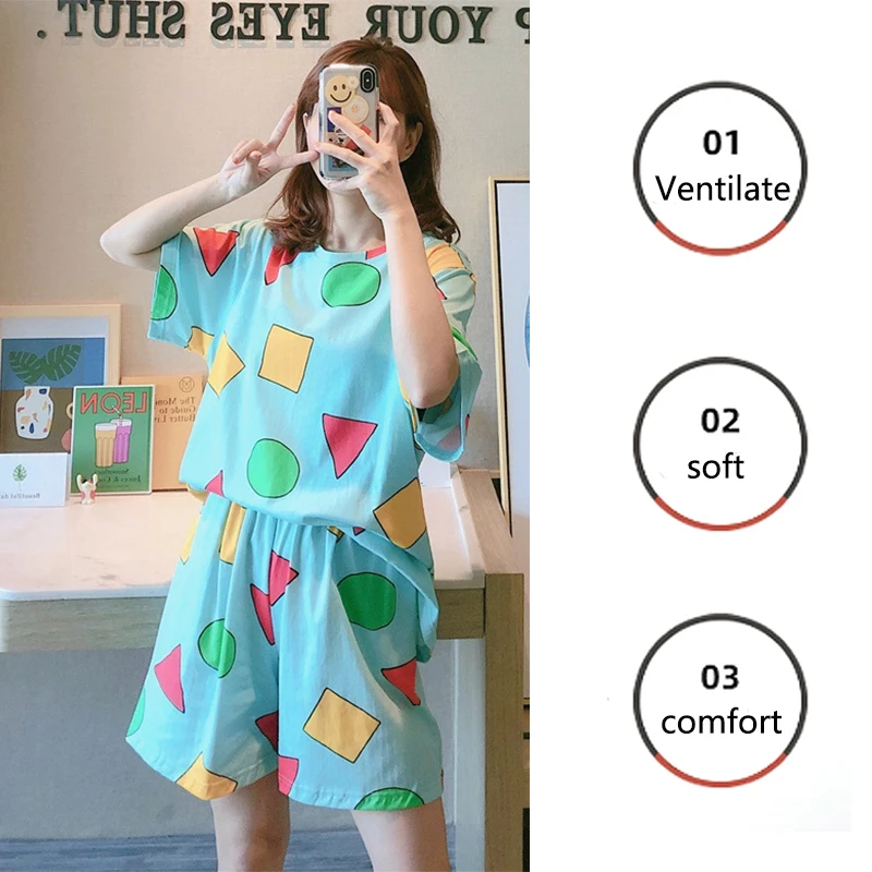 Short-Sleeved Pyjamas Women Summer Cartoon Cute Geometric Homewear Large Size Loose Casual Comfortable Pullover Shirt Plaid