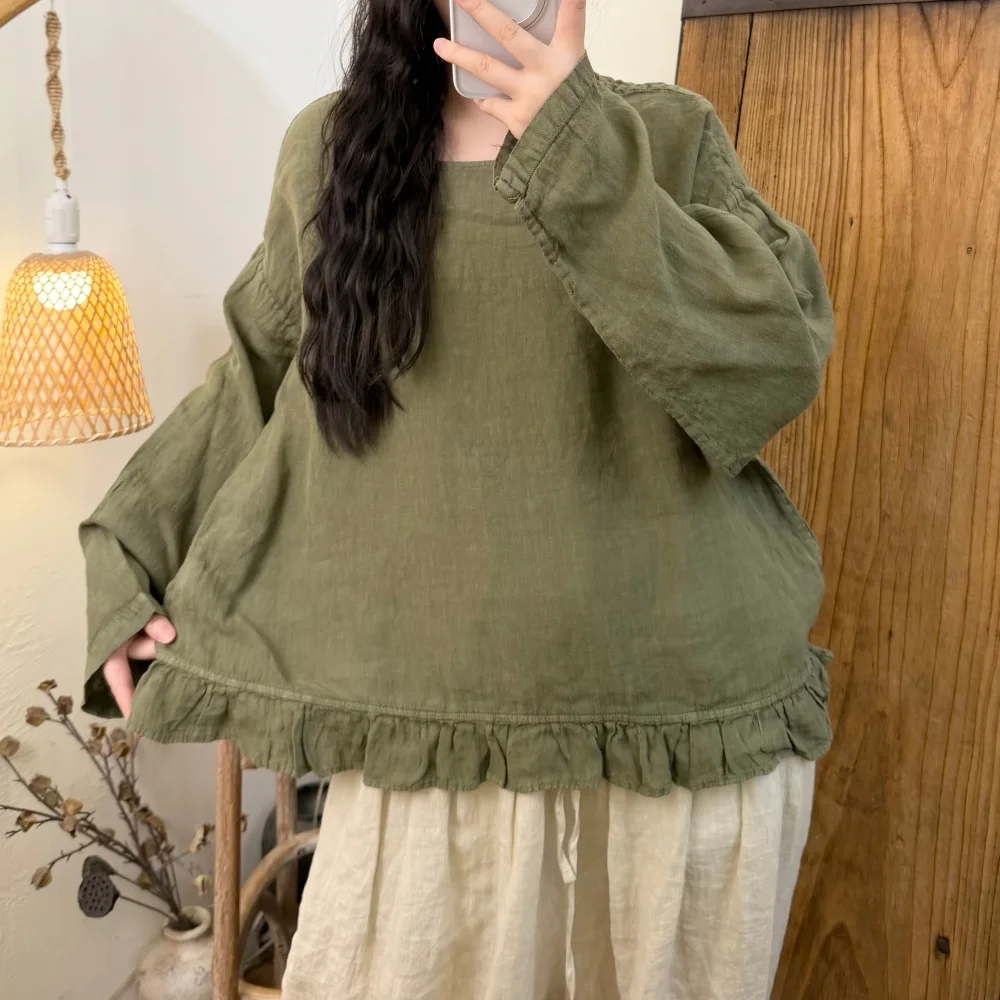 2026 Summer New Casual Versatile Sand-washed Linen Pullover Top Women Lace Hem Sweet Round Neck Top