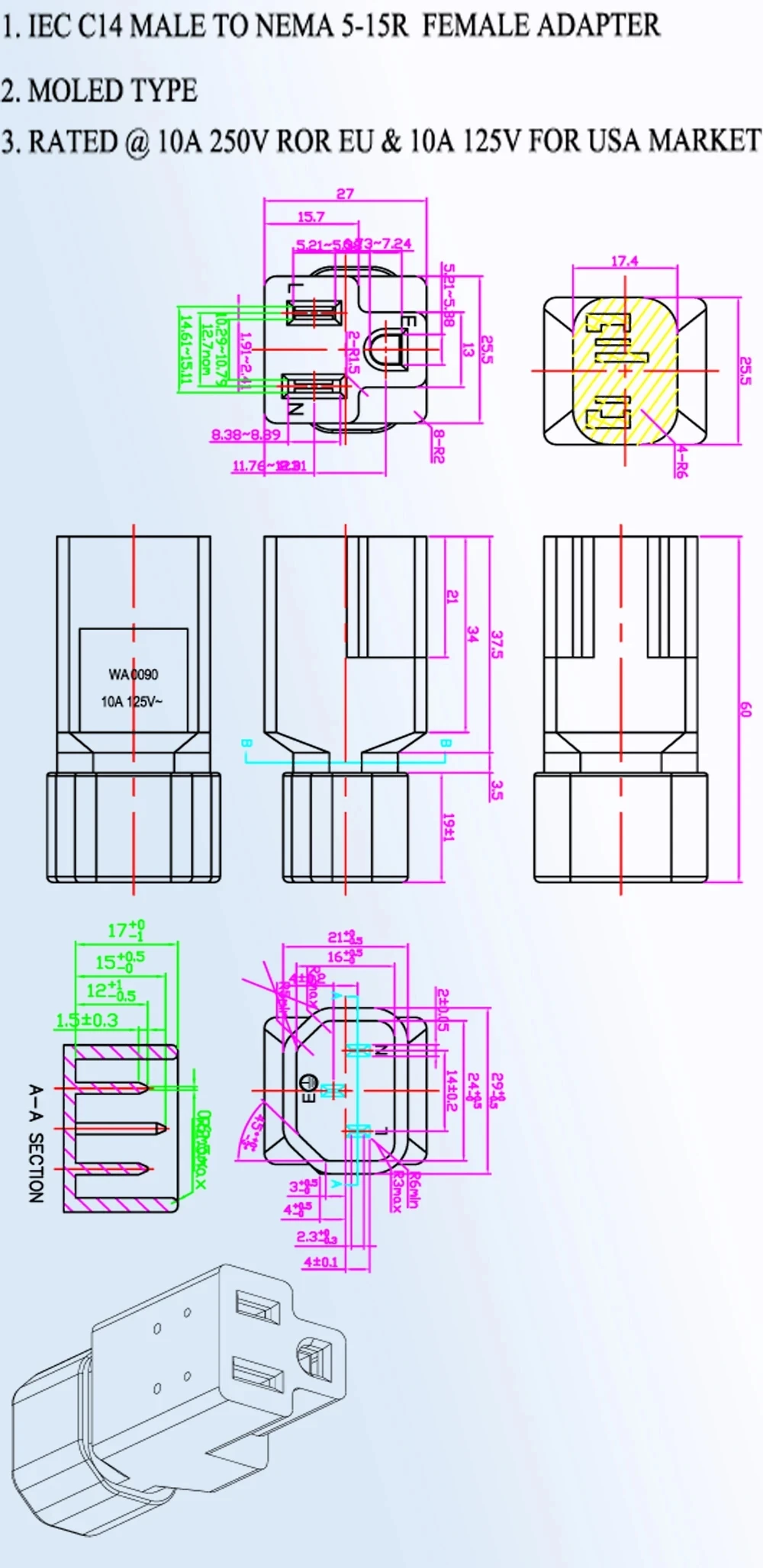 1pcs IEC 320 C14 para Nema 5-15R Adaptador AC, C14 para 5-15R EUA 3 pólo adaptador de alimentação, IEC 3 pólo macho para EUA 3 pólo fêmea conversor AC