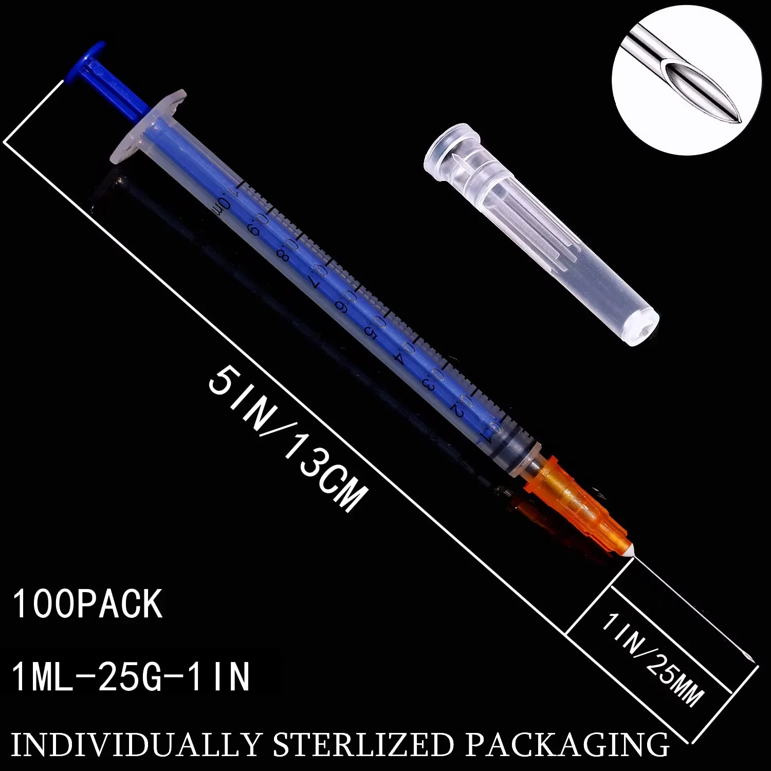 1ml/cc plastic Luer sliding syringe, with 25Ga and cap, individually packaged, suitable for scientific laboratories,