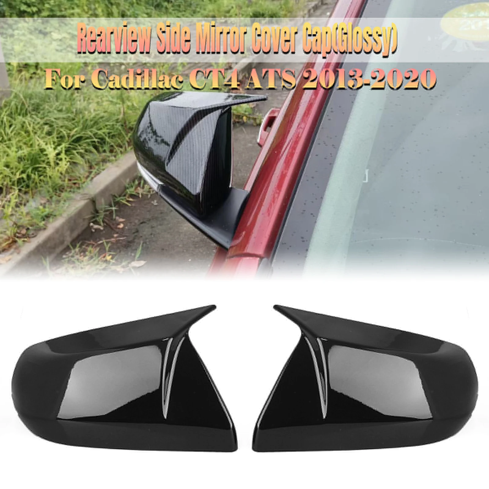 

Side Rear View Mirror Cover For Cadillac CT4 ATS 2013-2024 Sedan 4 Door Replacement Carbon Fiber Look/Gloss Black Rearview Cap