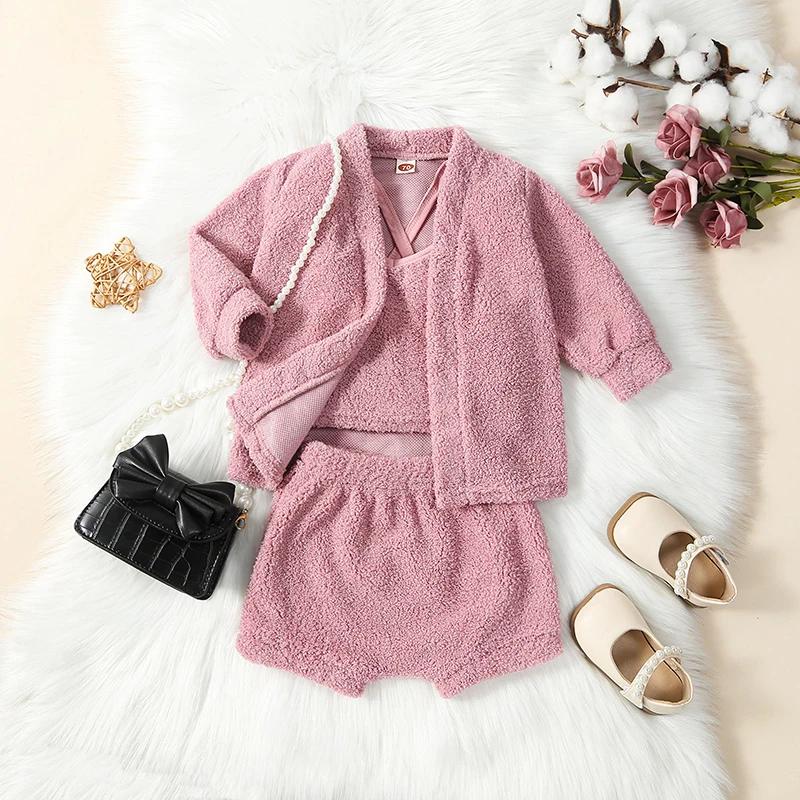 Fashion Kids Girls Autumn Winter 3pcs Clothes Sets 3-6Y Fur Fuzzy Solid Long Sleeve Coat+Vest+Shorts Suit