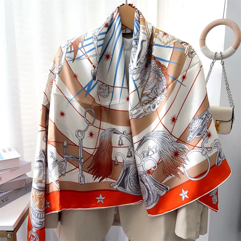 140cm Silk Scarf 100% Silk Square Large Bandanas Hand Rolled Shawls Foulard Luxury Head Hair Designer Accessories view 2