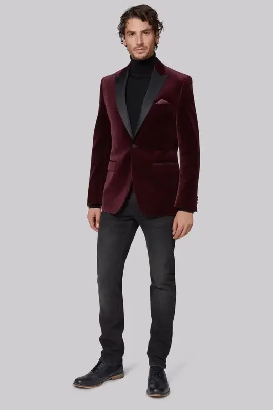 2 Piece Men\'s Suit Peak Lapel Burgundy Velvet Blazer One Button Suit Groom Tuxedos Casual Wedding Suits