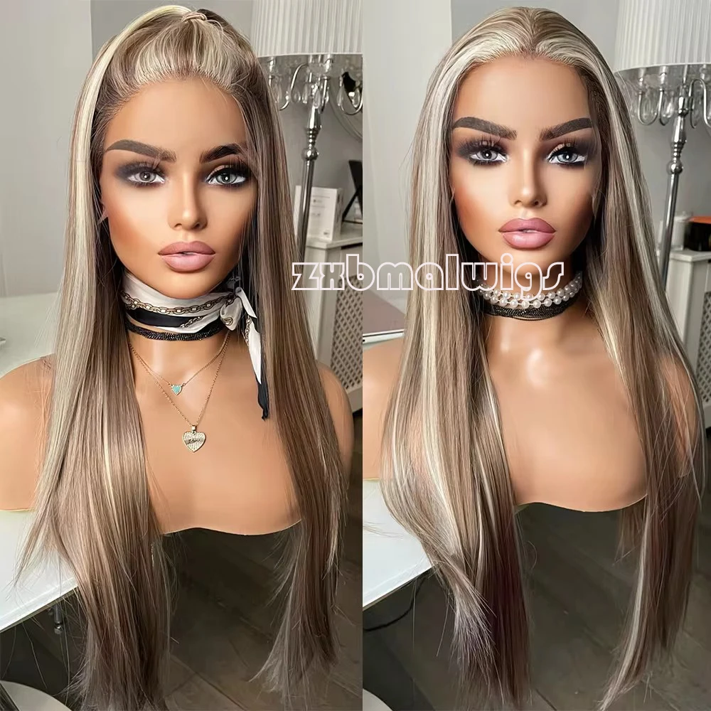 Perruque Lace Front Synthétique Blonde à Reflets pour Femme, Cheveux Lisses, Sans Colle, Préplumée, Fibre de Degré de Chaleur, 03/Cosplay