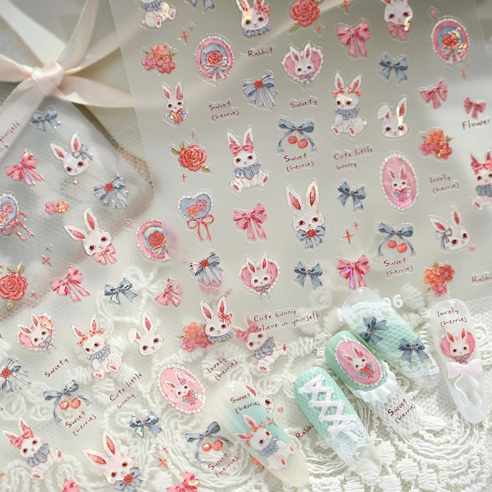 

Lovely Rose Flowers Bowknot Lace Cherry Rabbit Shiny 5D Embossed Self Adhesive Nail Art Stickers Cute Bunny 3D Manicure Decals