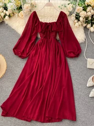 Chic Elegant Square Collar Maxi Dress Women Solid Chiffon Puff Sleeve Dresses 2024 Korean Fashion Vintage Ruffle Vestidos