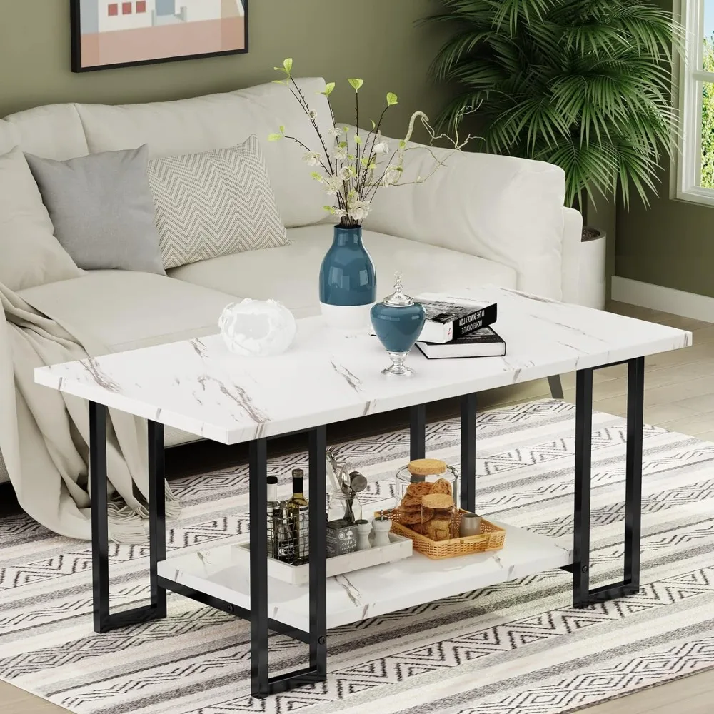 Marble Coffee Table, Faux Marble Top Rectangular Coffee Table with Black Metal Frame, 2 Tier Living Room Table for Living Room