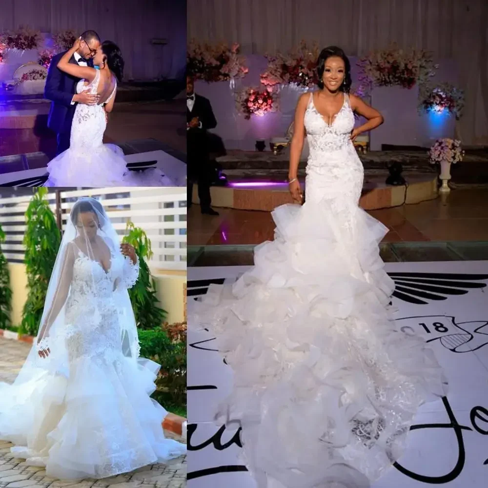 Aangepaste zeemeermin kathedraal trein sexy v-hals Afrikaanse kerk trouwjurk 2026 kant applicaties gelaagde bruid
