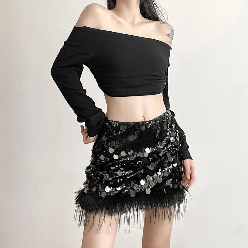Sexy Sparkly Korean Women's High Waisted Sequin Skirt Elegant Plush Spliced Party Skirt